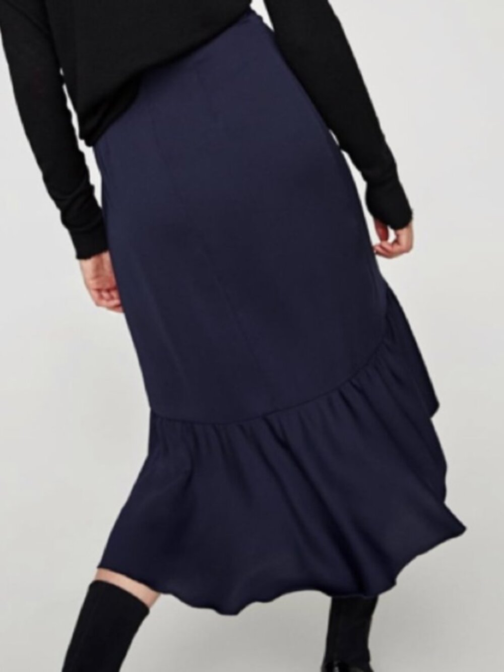 Zara Basic Navy Blue Wrap Midi Skirt Small S Ruffle - Picture 2 of 15